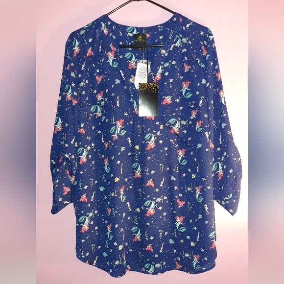 New 3x Disney The Little Mermaid Harper Blouse  Georgette Ariel & Flounder Navy - Picture 6 of 13